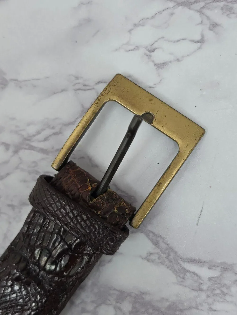Caiman Dark Brown Leather Belt with Brass Buckle Vintage Alligator